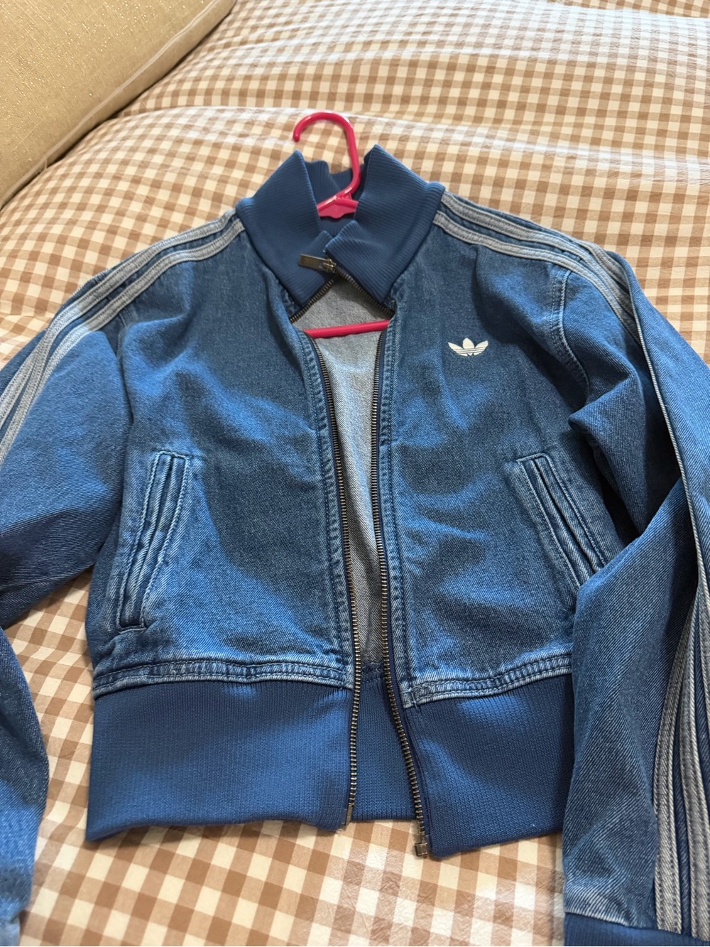adidas Blue Denim-Style Bomber Jacket with White Trefoil
